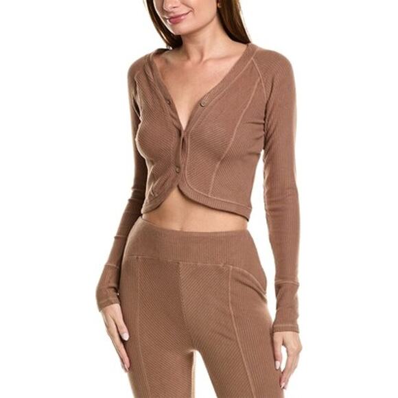 NWT Area Stars Brown Long Sleeve Button Up Casual Cropped Soft Textured Top M - Picture 1 of 8
